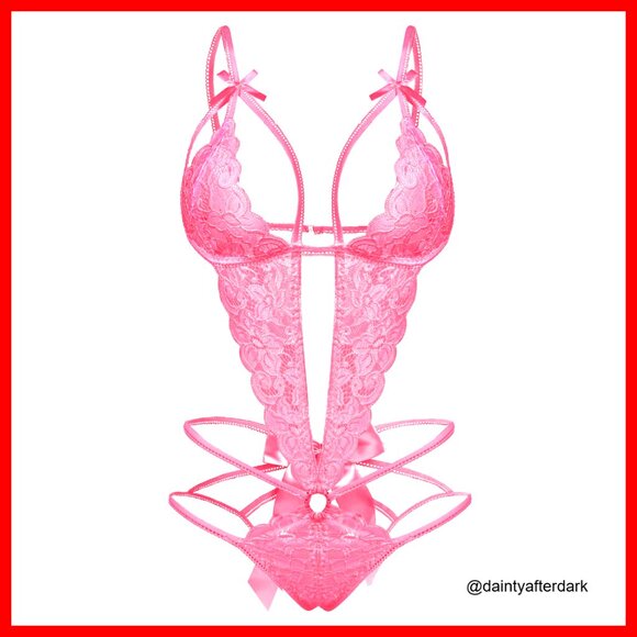 Other - Deep V Lace Teddy with Strappy Detail and Hook Back Closure